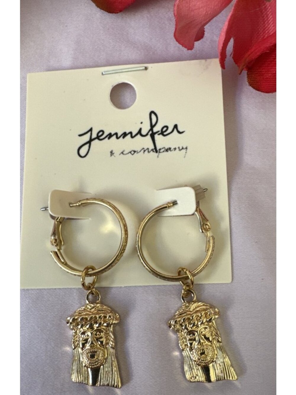 Jennifer & Company Jesus Hoops Gold Tone Earrings Dangle Drop Christian NWT
